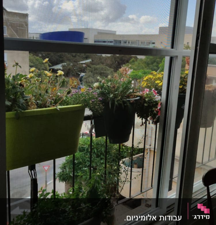 חלון אלומיניום פתוח עם עציצים על אדן החלון